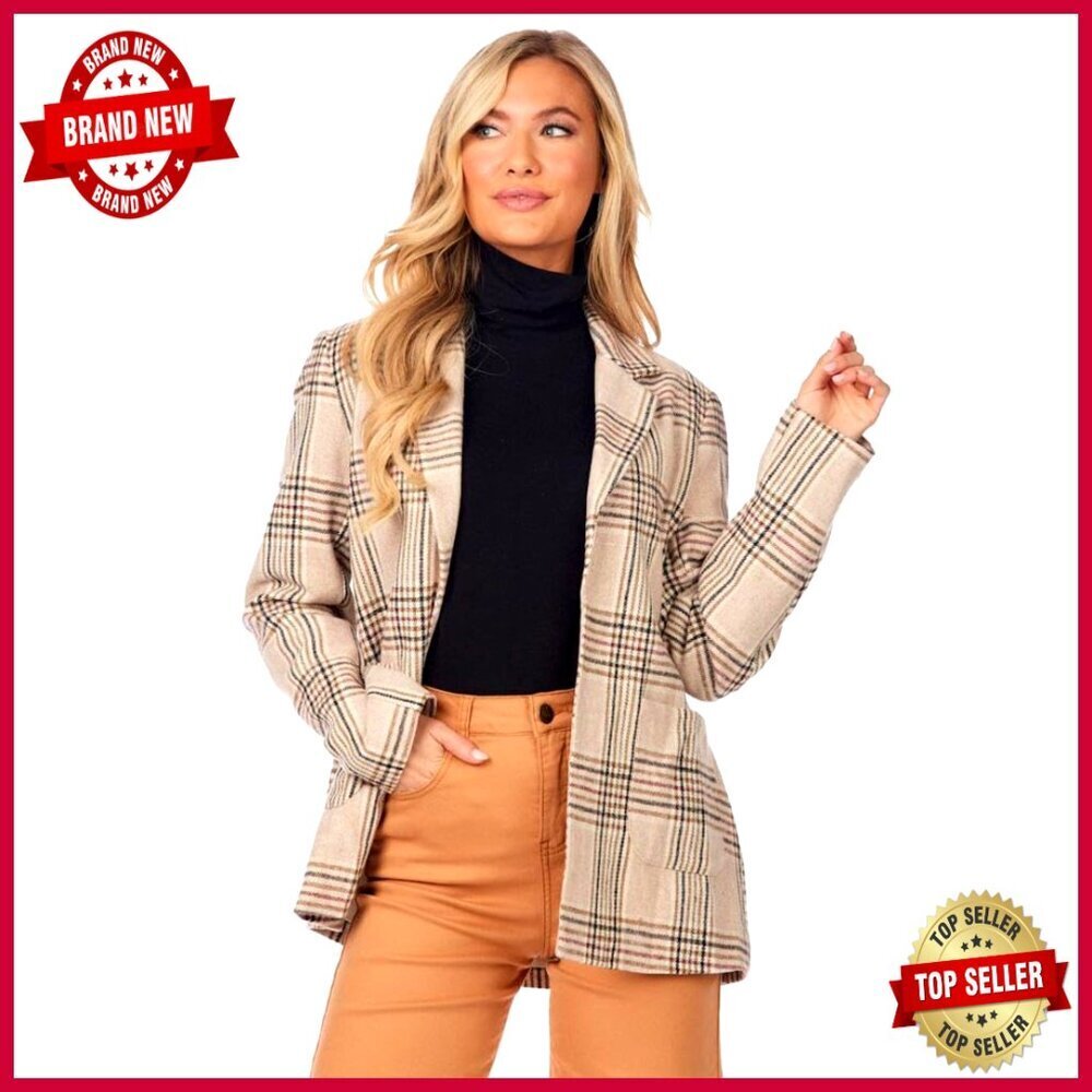 Regular Fit Plaid Blazer with Shoulder Pads and Front Pockets